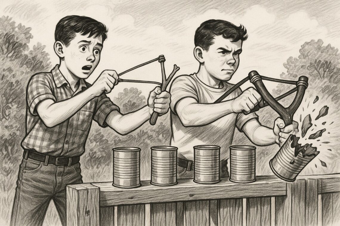 Two teenage boys having a contest using slingshots to shoot pig iron at tin cans.
