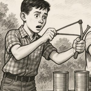 Two teenage boys having a contest using slingshots to shoot pig iron at tin cans.