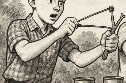 Two teenage boys having a contest using slingshots to shoot pig iron at tin cans.