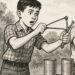 Two teenage boys having a contest using slingshots to shoot pig iron at tin cans.