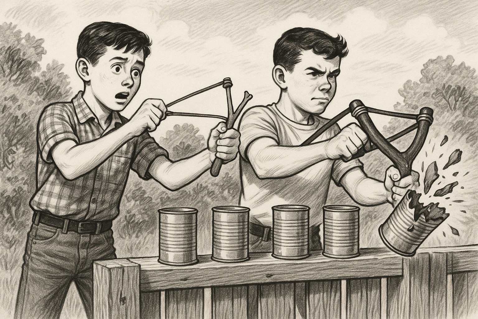 Two teenage boys having a contest using slingshots to shoot pig iron at tin cans.