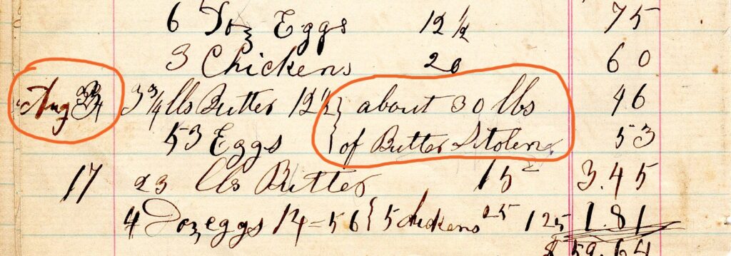 Line item from Compher Family Ledger, 1874-1959. Entry documents the theft of 30 lbs. of butter from their springhouse.
