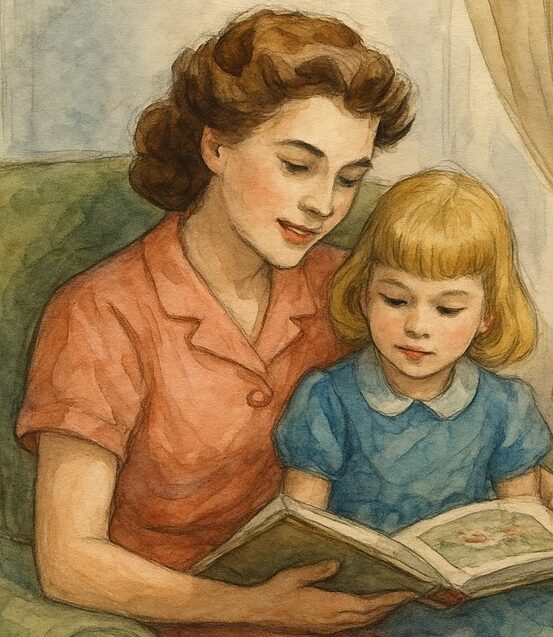 A young au pair, reading a book to a young girl who is sitting in her lap.